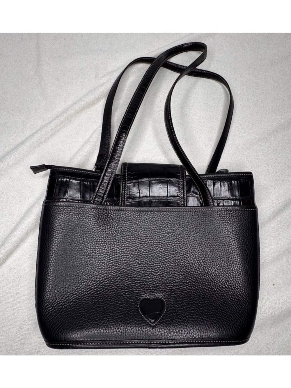 Brighton Black Leather Classic Tote Bag Basket Weave Front Panel Croc Trim - Picture 3 of 15